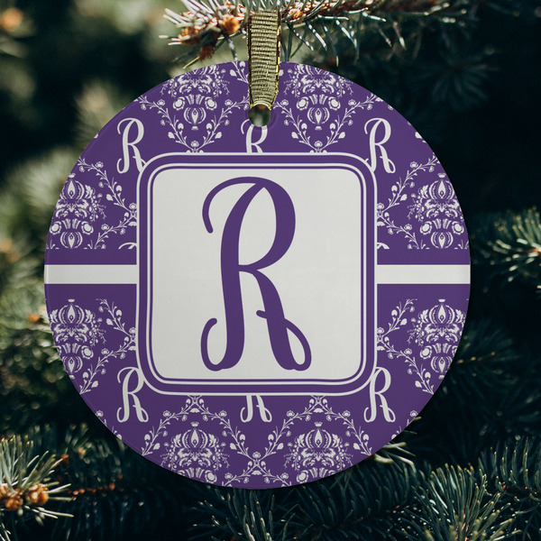 Initial Damask Frosted Glass Ornament - Round (Lifestyle)