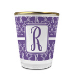 Initial Damask Glass Shot Glass - 1.5 oz - with Gold Rim - Set of 4