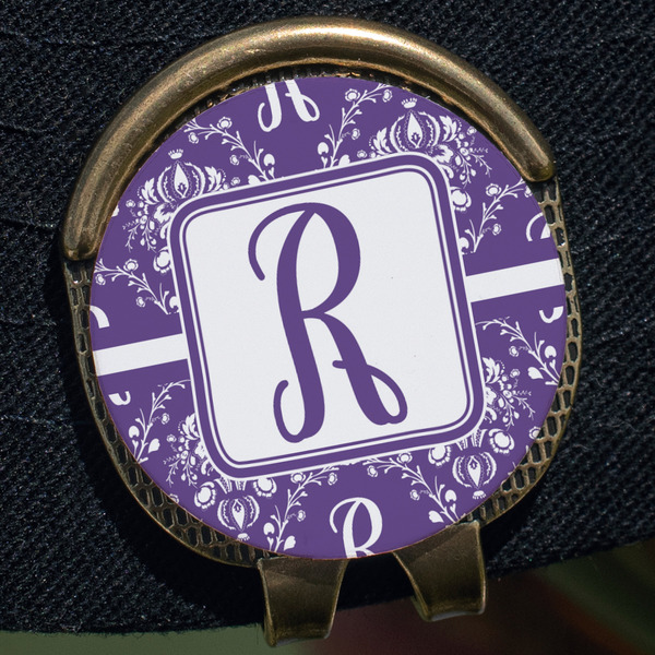 Initial Damask Golf Ball Marker Hat Clip - Gold - Close Up