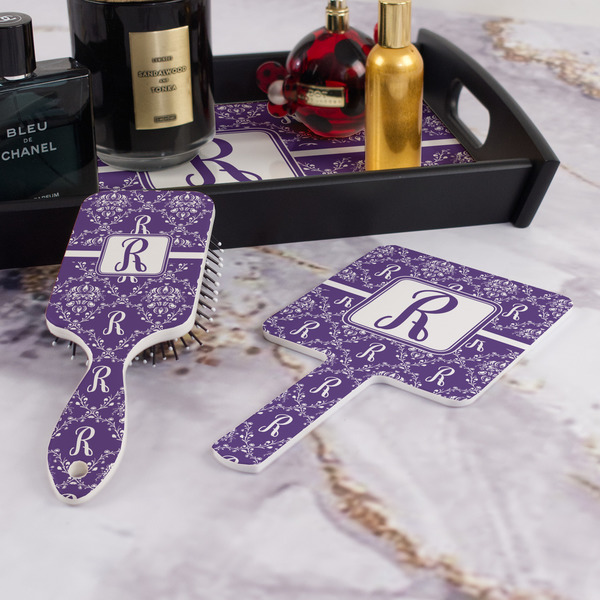 Initial Damask Hair Brush and Hand Mirror - Bathroom Scene