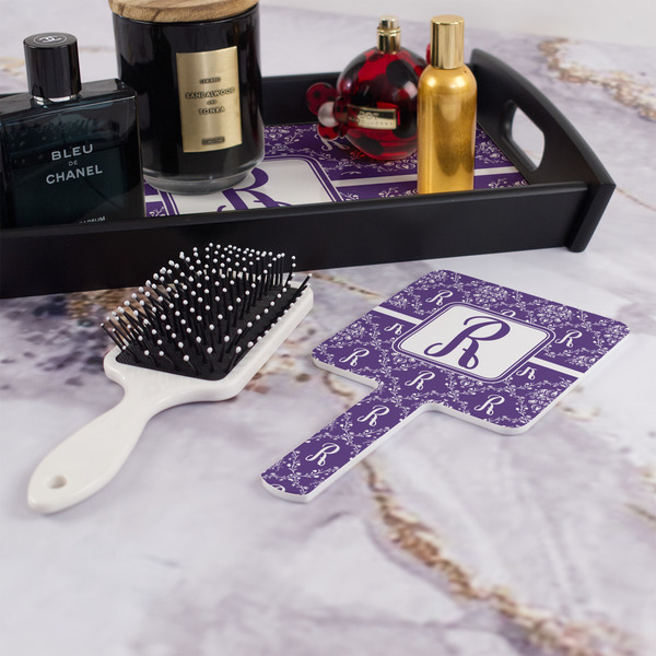 Initial Damask Hand Mirror - With Hair Brush