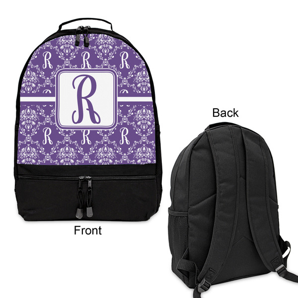 Initial Damask Large Backpack - Black - Front & Back View