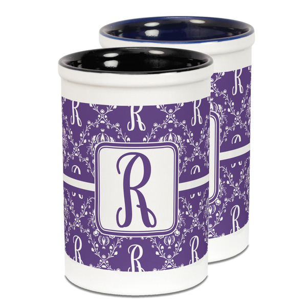 Custom Initial Damask Ceramic Pencil Holder - Large