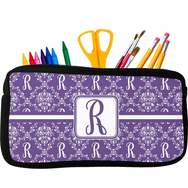 Custom Initial Damask Neoprene Pencil Case - Small