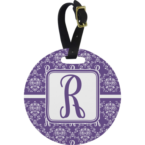 Custom Initial Damask Plastic Luggage Tag - Round
