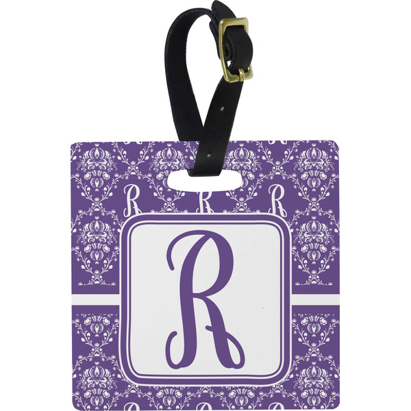 Custom Initial Damask Plastic Luggage Tag - Square