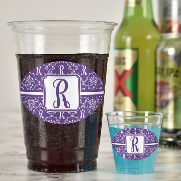 Initial Damask Plastic Shot Glasses - In Context