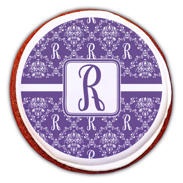 Initial Damask Printed Icing Circle - Large - On Cookie