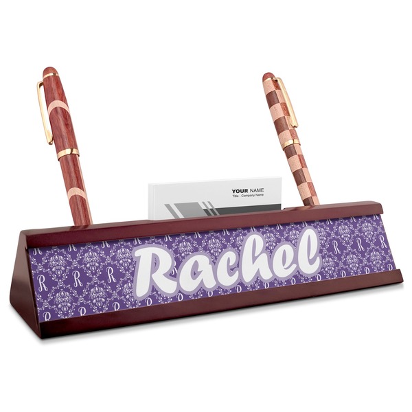 Custom Initial Damask Red Mahogany Nameplate with Business Card Holder (Personalized)