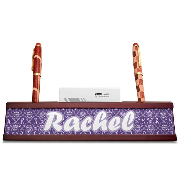 Initial Damask Red Mahogany Nameplates with Business Card Holder - Straight