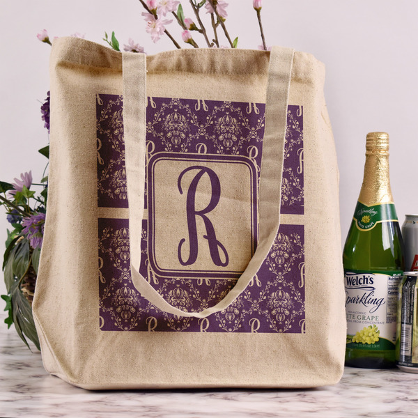 Initial Damask Reusable Cotton Grocery Bag - In Context