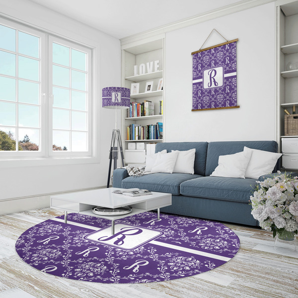 Initial Damask Round Area Rug - IN CONTEXT