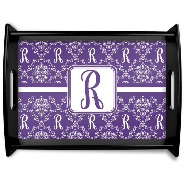 Custom Initial Damask Black Wooden Tray - Large (Personalized)