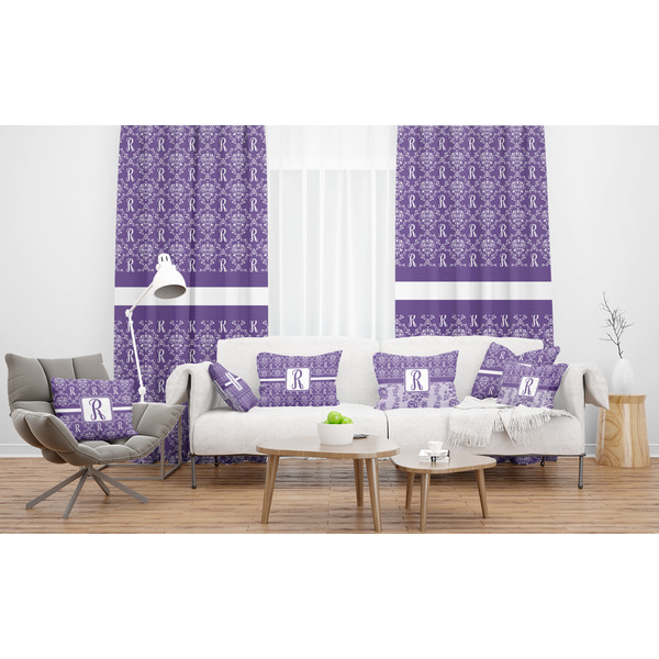 Initial Damask Sheer and Custom Curtains in Room with Matching Pillows
