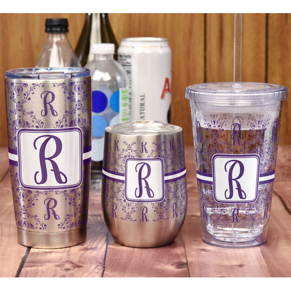 Initial Damask Stemless Wine Tumbler - Full Print - In Context