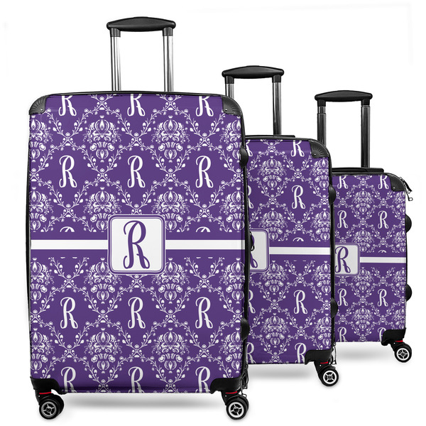 Custom Initial Damask 3 Piece Luggage Set - 20" Carry On, 24" Medium Checked, 28" Large Checked