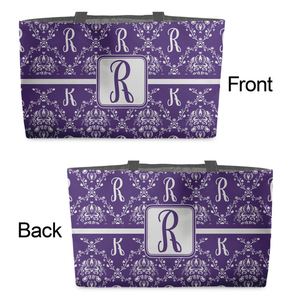 Initial Damask Tote w/Black Handles - Front & Back Views