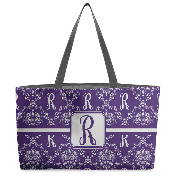 Custom Initial Damask Beach Totes Bag - w/ Black Handles