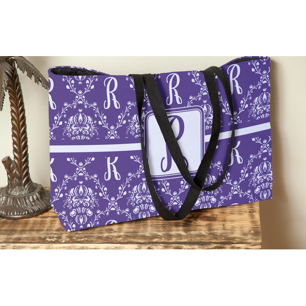 Initial Damask Tote w/Black Handles - Lifestyle View