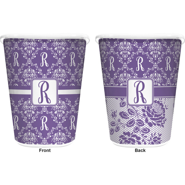 Initial Damask Trash Can White - Front and Back - Apvl
