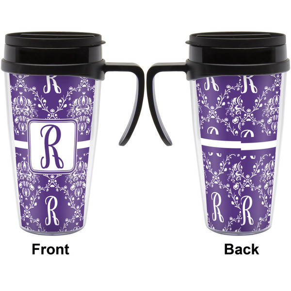 Initial Damask Travel Mug with Black Handle - Approval