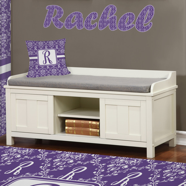 Initial Damask Wall Name Decal Above Storage bench