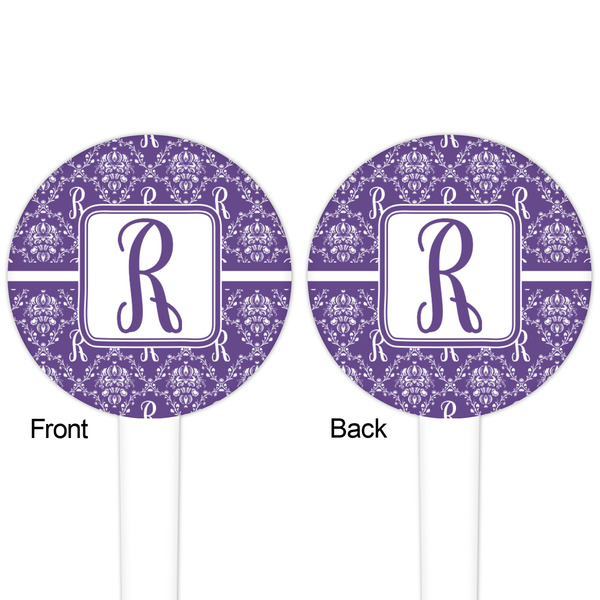 Initial Damask White Plastic 4" Food Pick - Round - Double Sided - Front & Back