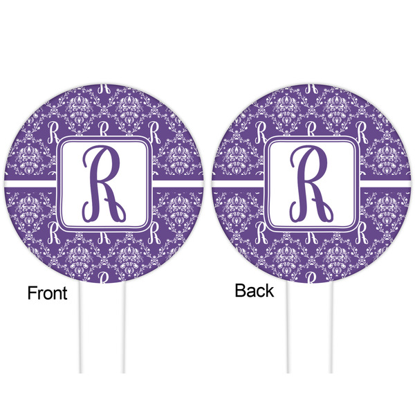 Initial Damask White Plastic 6" Food Pick - Round - Double Sided - Front & Back
