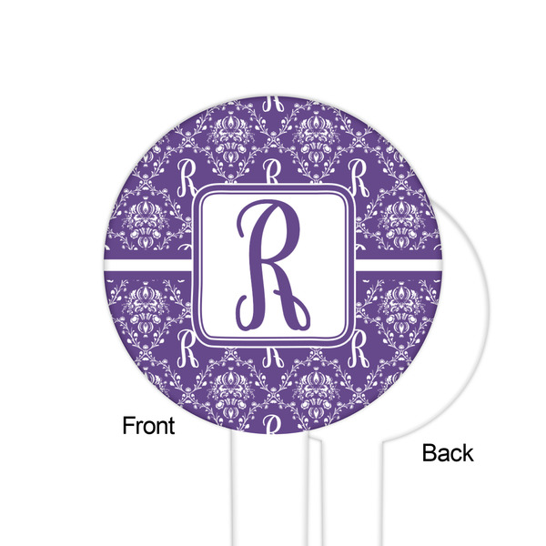 Initial Damask White Plastic 6" Food Pick - Round - Single Sided - Front & Back