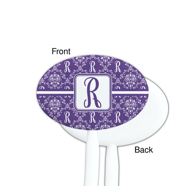 Initial Damask White Plastic 7" Stir Stick - Single Sided - Oval - Front & Back
