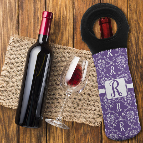 Initial Damask Wine Tote Bag - FLATLAY