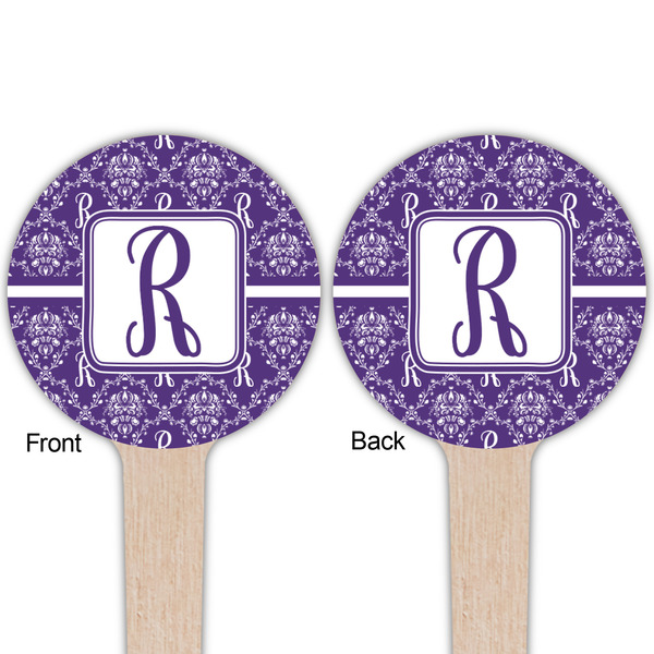 Initial Damask Wooden 4" Food Pick - Round - Double Sided - Front & Back