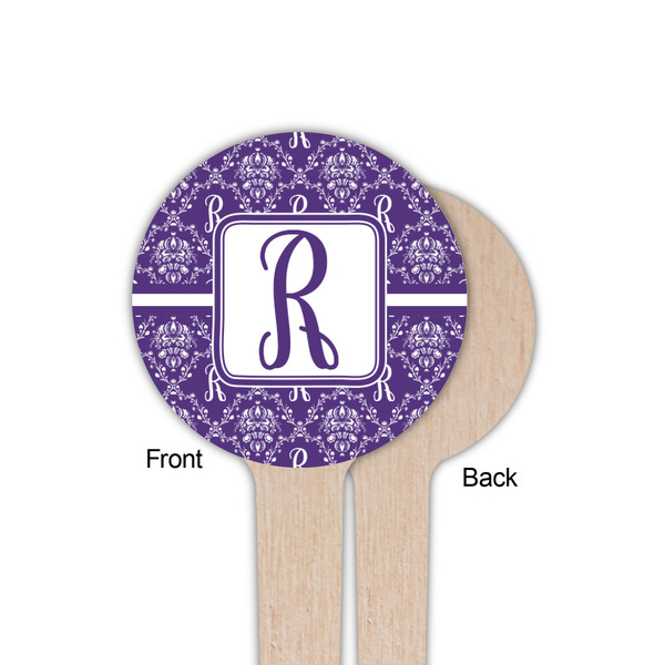 Initial Damask Wooden 4" Food Pick - Round - Single Sided - Front & Back