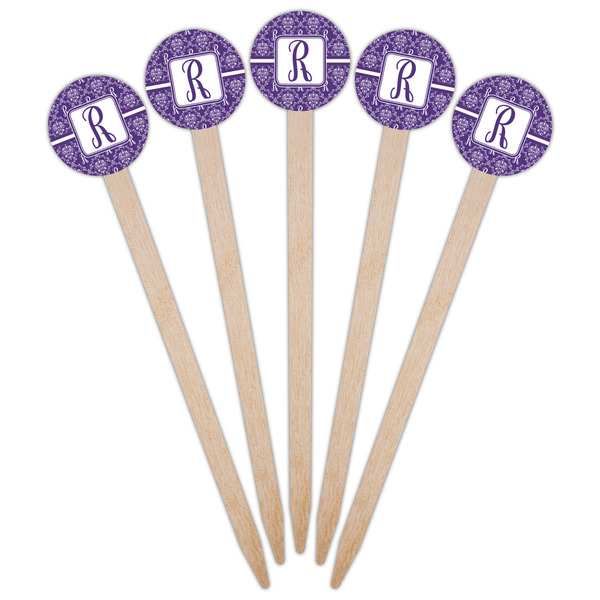 Initial Damask Wooden 6" Food Pick - Round - Fan View
