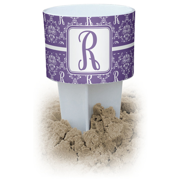 Custom Initial Damask White Beach Spiker Drink Holder (Personalized)