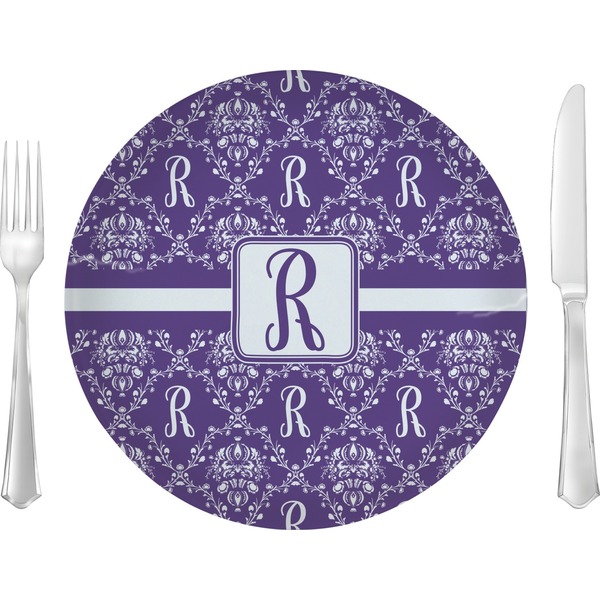 Custom Initial Damask 10" Glass Lunch / Dinner Plates - Single or Set (Personalized)