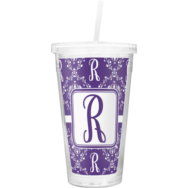 Custom Initial Damask Double Wall Tumbler with Straw (Personalized)