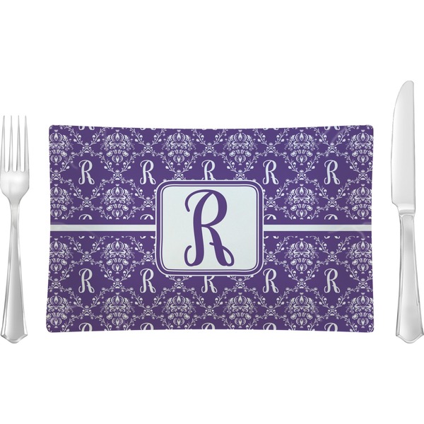 Custom Initial Damask Rectangular Glass Lunch / Dinner Plate - Single or Set (Personalized)