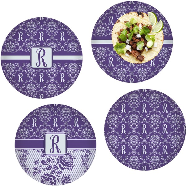 Custom Initial Damask Set of 4 Glass Lunch / Dinner Plate 10" (Personalized)