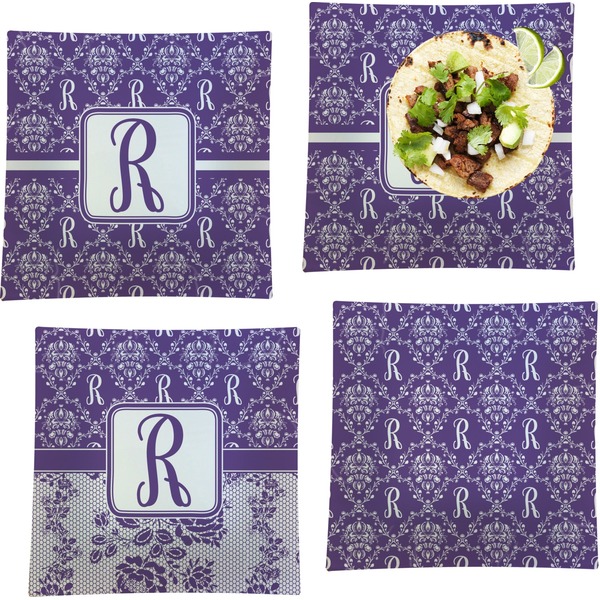 Custom Initial Damask Set of 4 Glass Square Lunch / Dinner Plate 9.5" (Personalized)