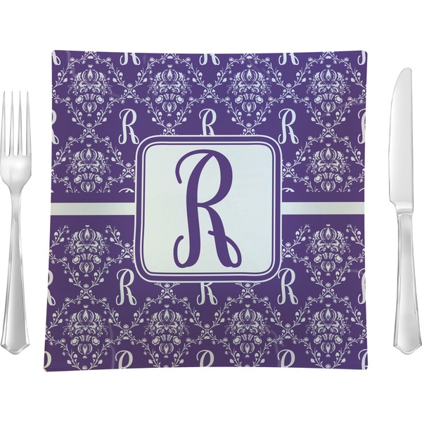 Custom Initial Damask 9.5" Glass Square Lunch / Dinner Plate- Single or Set of 4 (Personalized)