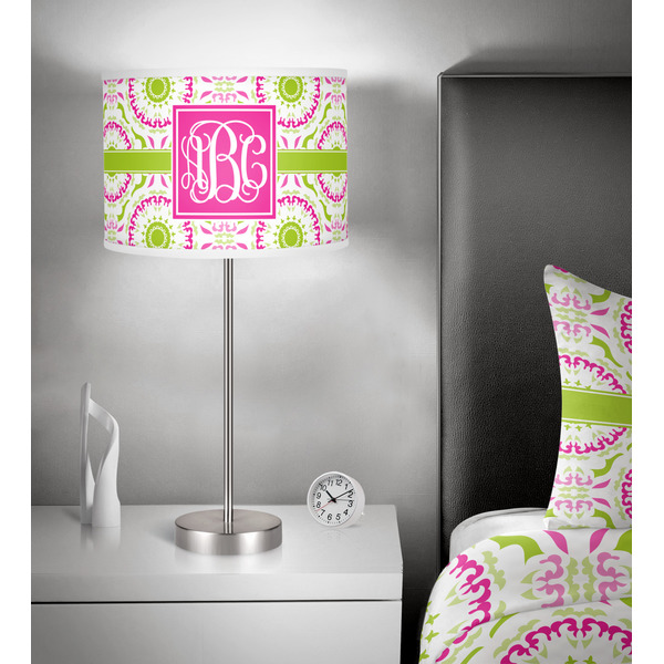 Pink & Green Suzani 13 inch drum lamp shade - in room