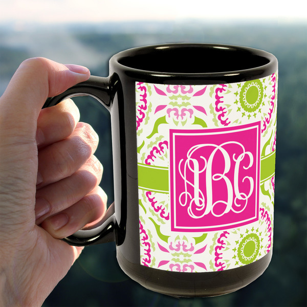 Pink & Green Suzani 15oz. Black Mug - LIFESTYLE