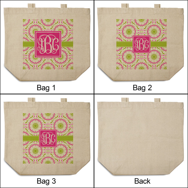 Pink & Green Suzani 3 Reusable Cotton Grocery Bags - Front & Back View