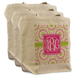 Pink & Green Suzani Reusable Cotton Grocery Bags - Set of 3 (Personalized)