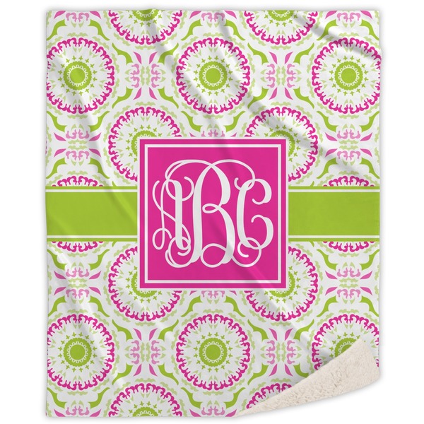Custom Pink & Green Suzani Sherpa Throw Blanket - 60"x80" (Personalized)