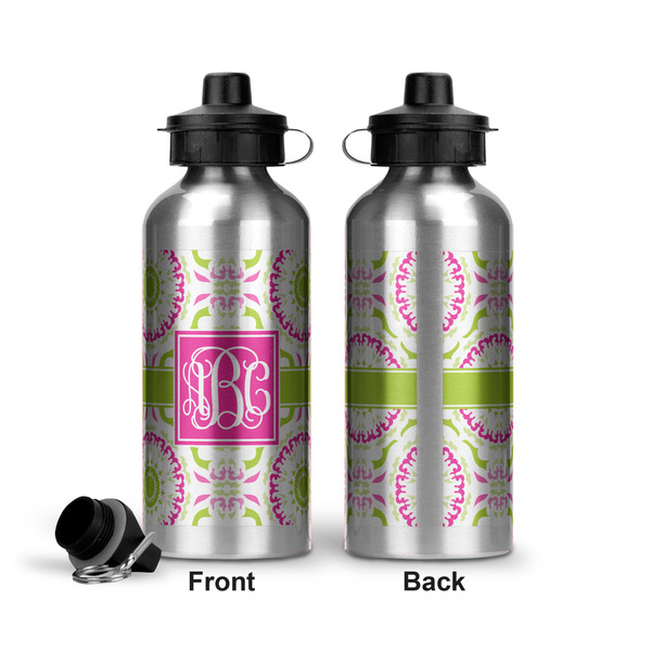 Pink & Green Suzani Aluminum Water Bottle - Front and Back