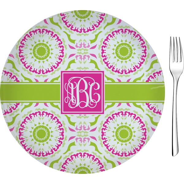 Custom Pink & Green Suzani Glass Appetizer / Dessert Plate 8" (Personalized)
