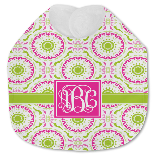 Custom Pink & Green Suzani Jersey Knit Baby Bib w/ Monogram