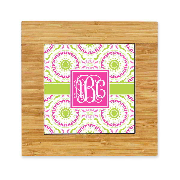 Custom Pink & Green Suzani Bamboo Trivet with Ceramic Tile Insert (Personalized)